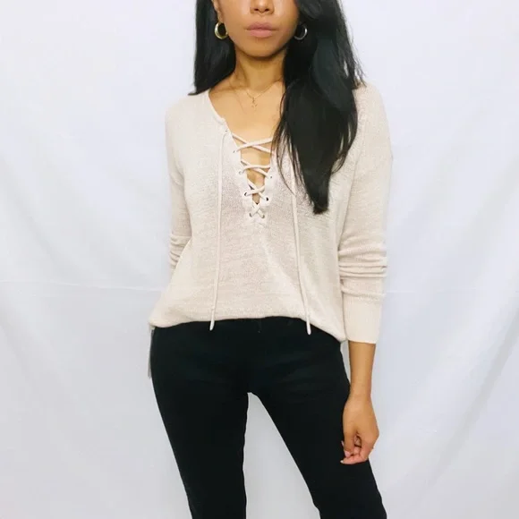 Loft | Beige Knit Long Sleeve Sweater V-Neck Lace Up Top - Picture 7 of 10
